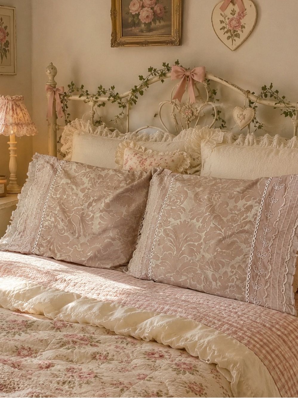 Decorative Floral Damask Pillow Shams  Dusty Rose lace sheer ruffle floral edge